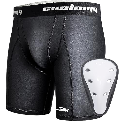 COOLOMG Boys Athletic Underwear with Cup Youth Compression Sliding Shorts Baseball Football Protective Supporter Black S - Image 1
