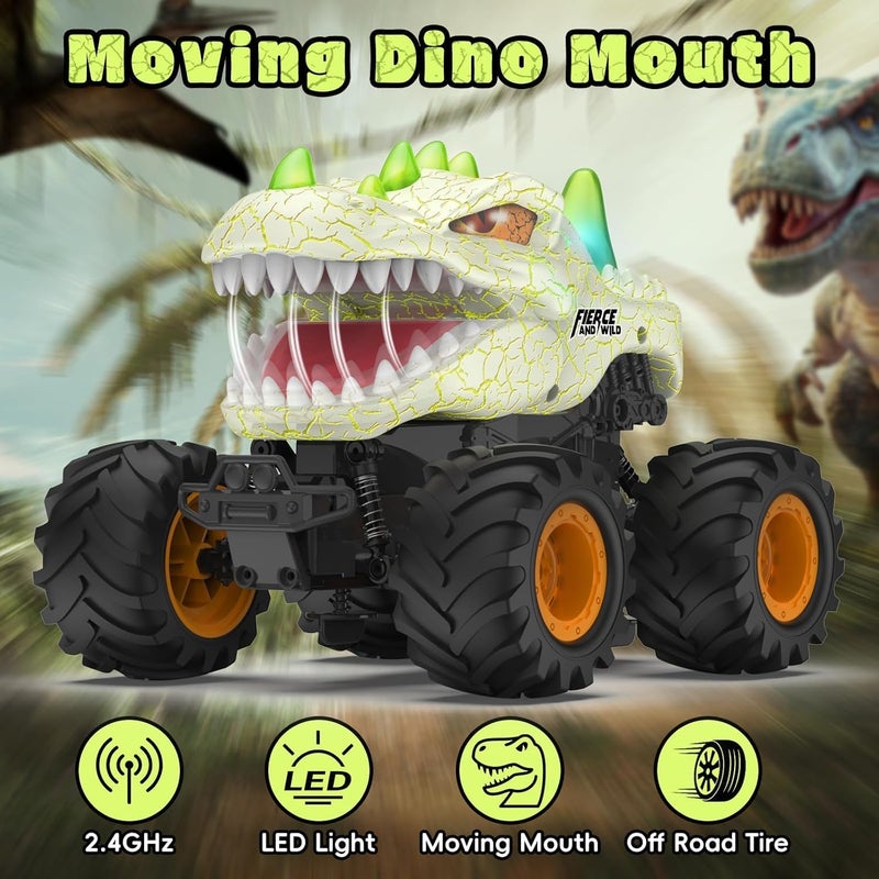 OMIRE Dinosaur RC CAR TOYS,Dinosaur Remote Control Car 2.4GHz RC Monster Truck 1:24 Scale RC Car with LED Lights & Movable Mouth, Rechargeable Dinosaur Toys RC Truck Birthday Gift for Boys 6-12,Orange - Image 3