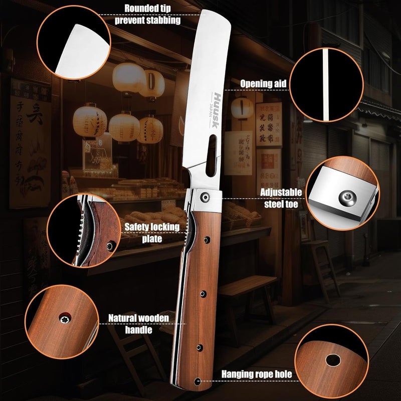 Huusk Japanese Folding Nakiri Knife - Pocket Chef Knives with 440C Stainless Steel Ultra Sharp Blade, Portable Kitchen Knife for BBQ Trip Outdoor, Christmas Gift for Men and Women - Image 4