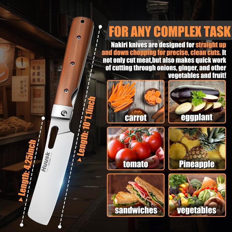 Huusk Japanese Folding Nakiri Knife - Pocket Chef Knives with 440C Stainless Steel Ultra Sharp Blade, Portable Kitchen Knife for BBQ Trip Outdoor, Christmas Gift for Men and Women - Image 5