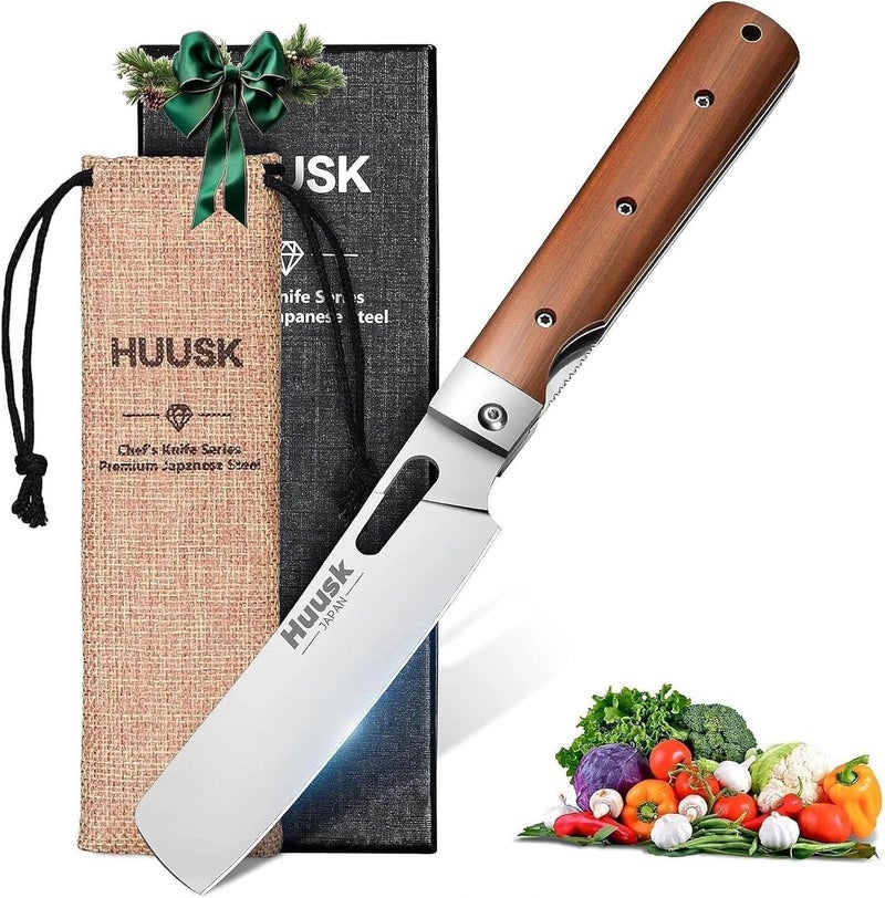 Huusk Japanese Folding Nakiri Knife - Pocket Chef Knives with 440C Stainless Steel Ultra Sharp Blade, Portable Kitchen Knife for BBQ Trip Outdoor, Christmas Gift for Men and Women - Image 1
