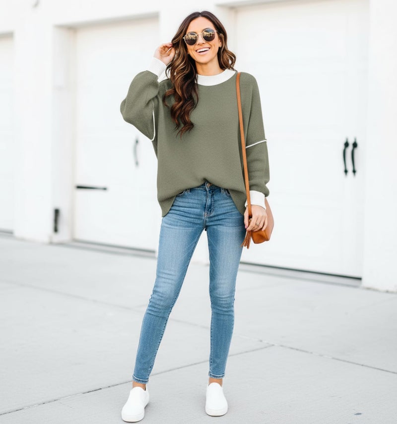 ETCYY Womens Sweaters Fall 2026 Batwing Long Sleeve Side Slit Knit Tops Crew Neck Striped Oversized Sweater Pullover,Green,Medium - Image 5