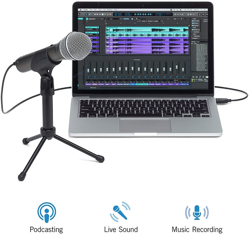 Samson حزمة ميكروفون ديناميكي سامسون تكنولوجيز Q2U USB/XLR للتسجيل والبودكاست (تشمل مشبك الميكروفون، حامل مكتبي، واقي ريح وكابلات)، فضي - Image 2