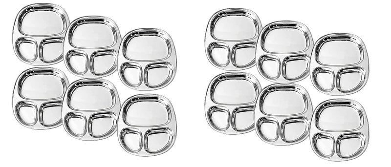 Dynore Stainless Steel 3 in 1 Three Compartment Nasta/Kids Snacks Plate/Partition Plate- Set of 12 - Image 1