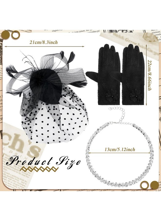 Bencailor - Fascinators Hats Tea Party Hat With Lace Gloves Faux Pearl Necklace For Women 1920S Fascinator Hats With Veil For Women Black Wedding(Fashion Style) - Image 1