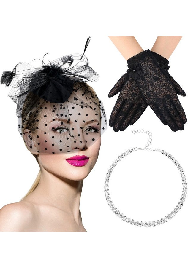 Bencailor - Fascinators Hats Tea Party Hat With Lace Gloves Faux Pearl Necklace For Women 1920S Fascinator Hats With Veil For Women Black Wedding(Fashion Style) - Image 1