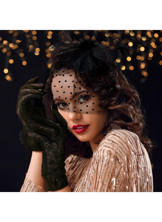 Bencailor - Fascinators Hats Tea Party Hat With Lace Gloves Faux Pearl Necklace For Women 1920S Fascinator Hats With Veil For Women Black Wedding(Fashion Style) - Image 1