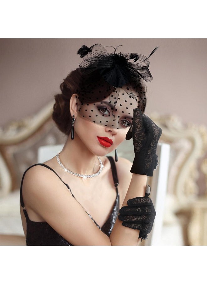 Bencailor - Fascinators Hats Tea Party Hat With Lace Gloves Faux Pearl Necklace For Women 1920S Fascinator Hats With Veil For Women Black Wedding(Fashion Style) - Image 1