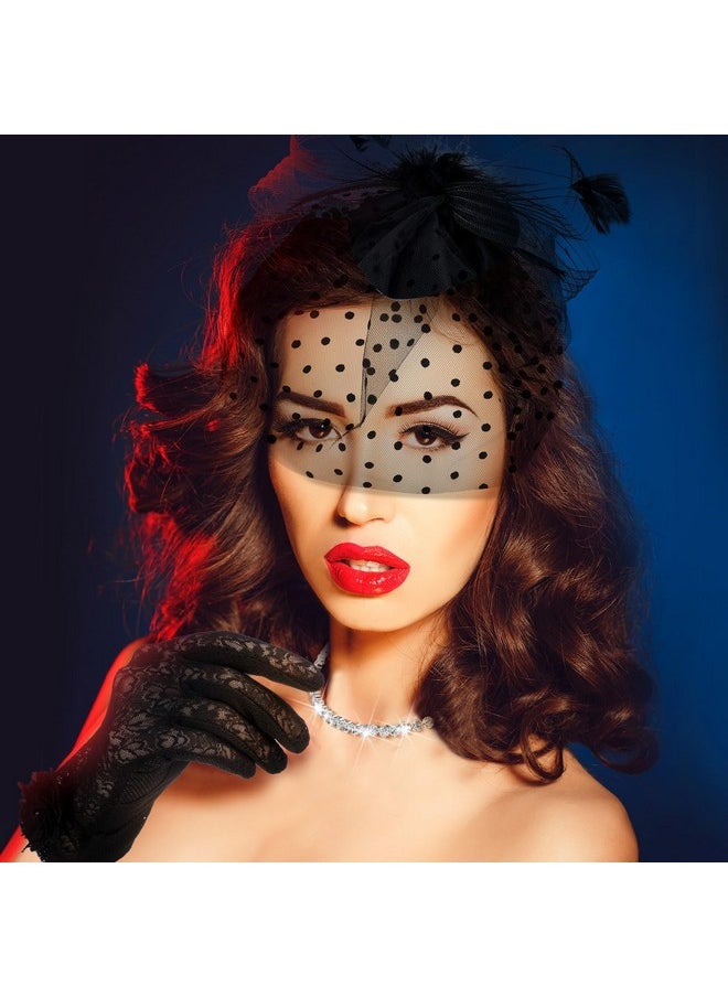 Bencailor - Fascinators Hats Tea Party Hat With Lace Gloves Faux Pearl Necklace For Women 1920S Fascinator Hats With Veil For Women Black Wedding(Fashion Style) - Image 1
