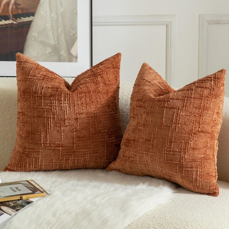 MANDIOO Pack of 2 Soft Chenille Textured Throw Pillow Covers Square Accent Solid Decorative Cushion Cover Cozy Farmhouse Pillow Case for Couch Sofa Bed Living Room 16x16 Inch Burnt Brick - Image 2