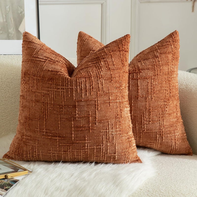 MANDIOO Pack of 2 Soft Chenille Textured Throw Pillow Covers Square Accent Solid Decorative Cushion Cover Cozy Farmhouse Pillow Case for Couch Sofa Bed Living Room 16x16 Inch Burnt Brick - Image 1