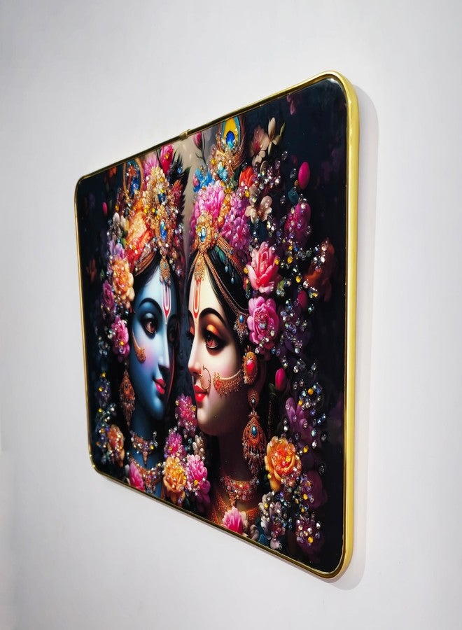 Masstone Radha Krishna Crystal Embedded High Gloss Wall Painting, Golden Slim Frame, 45x30 Cm Wall Art for Living Room, Bedroom, Office & Home Décor (CRG03) - Image 3