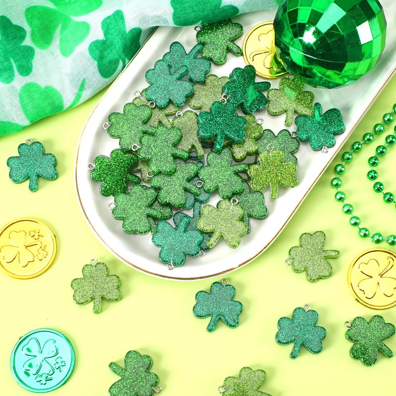 DTOFOOT 36PCS Mini Glitter Resin Shamrock Ornaments St. Patrick's Day Hanging Decorations for Tree Lucky Shamrock Charms with String Resin Hanging Pendants for Party Favors Decor - Image 3