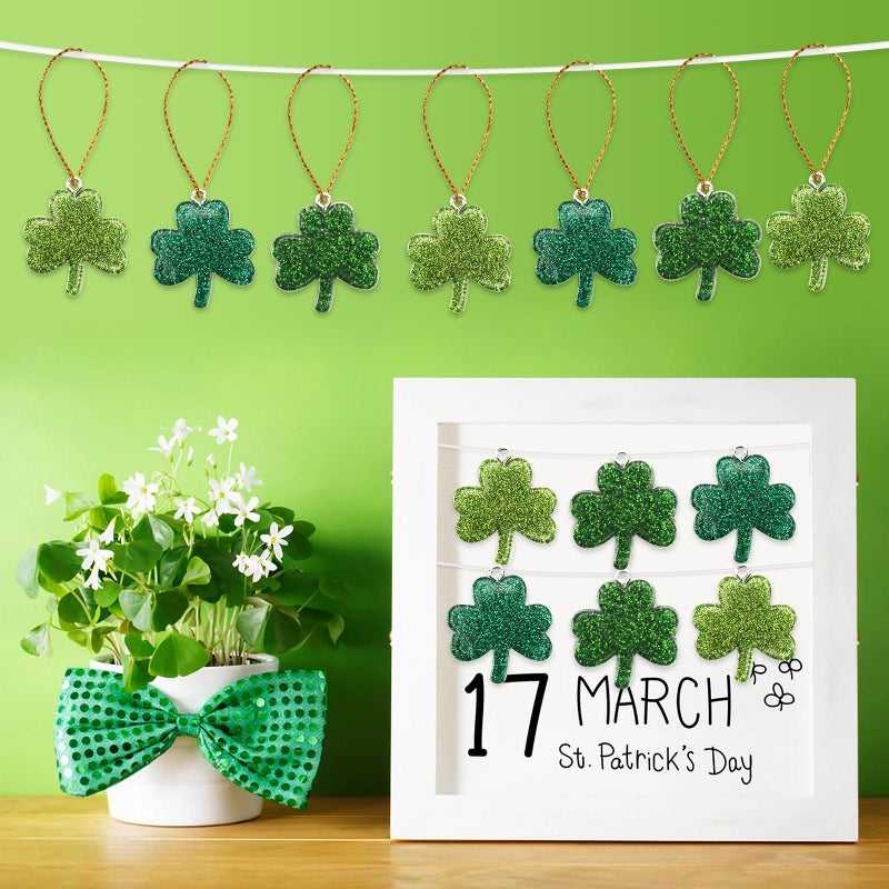 DTOFOOT 36PCS Mini Glitter Resin Shamrock Ornaments St. Patrick's Day Hanging Decorations for Tree Lucky Shamrock Charms with String Resin Hanging Pendants for Party Favors Decor - Image 4