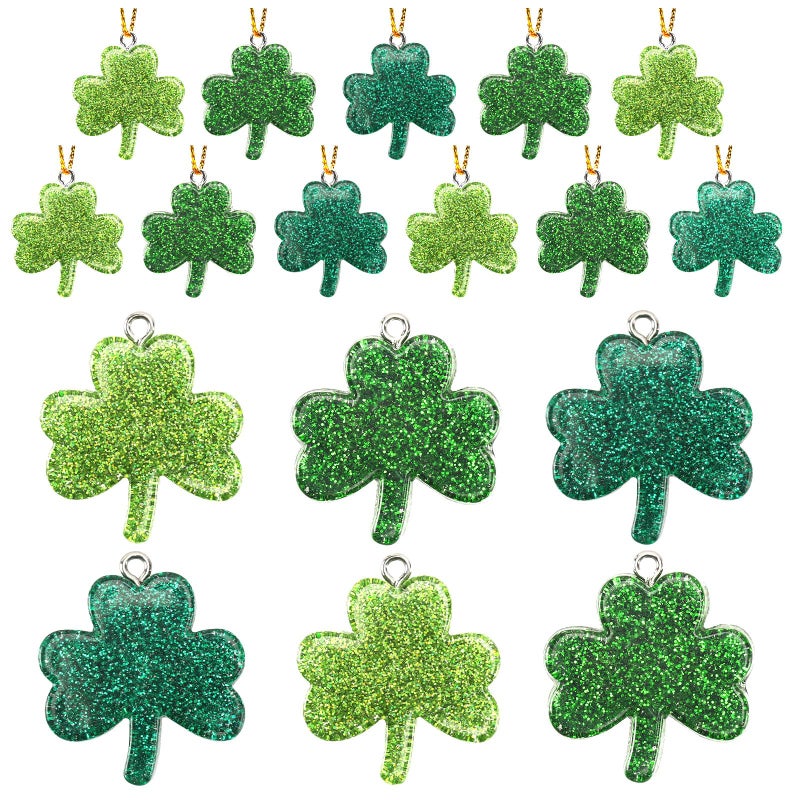 DTOFOOT 36PCS Mini Glitter Resin Shamrock Ornaments St. Patrick's Day Hanging Decorations for Tree Lucky Shamrock Charms with String Resin Hanging Pendants for Party Favors Decor - Image 1