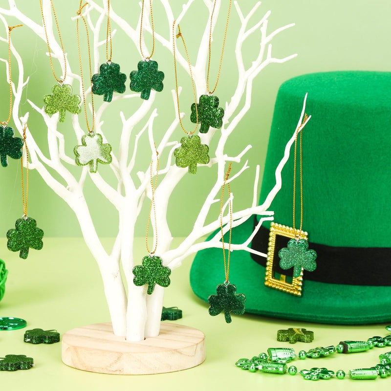 DTOFOOT 36PCS Mini Glitter Resin Shamrock Ornaments St. Patrick's Day Hanging Decorations for Tree Lucky Shamrock Charms with String Resin Hanging Pendants for Party Favors Decor - Image 5