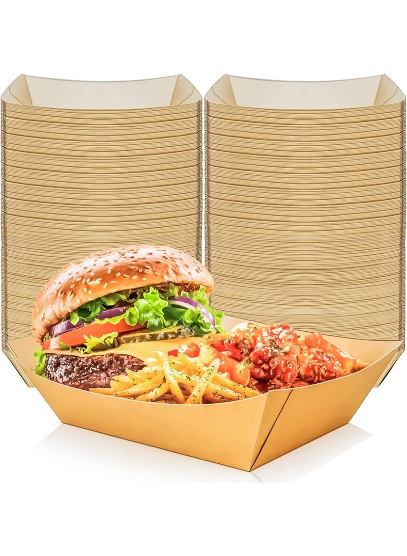 Bukela 100 PCS Thickened Disposable Kraft Paper Food Boats With PE Coating, No Fold Grease-Resistant Paper Trays, Takeout Containers For Picnic BBQ Fried Snacks for Snacks Popcorn Dessert Sandwich Burger Taco Fries Nacho - Image 1