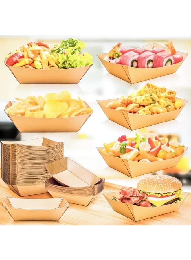 Bukela 100 PCS Thickened Disposable Kraft Paper Food Boats With PE Coating, No Fold Grease-Resistant Paper Trays, Takeout Containers For Picnic BBQ Fried Snacks for Snacks Popcorn Dessert Sandwich Burger Taco Fries Nacho - Image 2