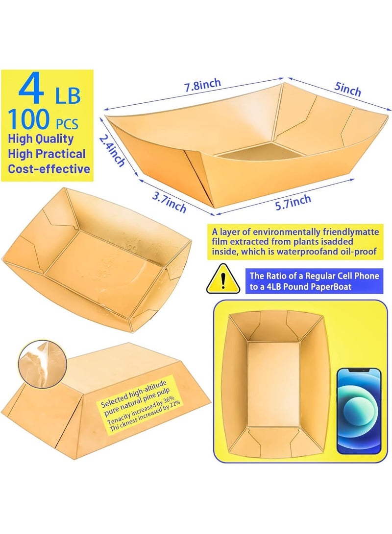 Bukela 100 PCS Thickened Disposable Kraft Paper Food Boats With PE Coating, No Fold Grease-Resistant Paper Trays, Takeout Containers For Picnic BBQ Fried Snacks for Snacks Popcorn Dessert Sandwich Burger Taco Fries Nacho - Image 5