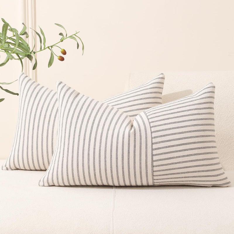Hckot Hand Made Pillow Covers 12x20 Lumbar Throw Pillow Covers Set of 2 Gray Striped Patchwork Linen Decorative Pillows Cushion Covers for Couch Chair Bedroom Spring DecorationsGrey