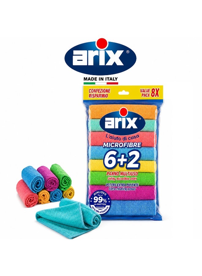 Arix Microfiber Cleaning Cloths 6+2 Value Pack (8-Pieces) – Multi-Surface Reusable Cloths, Streak-Free Cleaning for Kitchen, Glass, Car & Home - Image 1