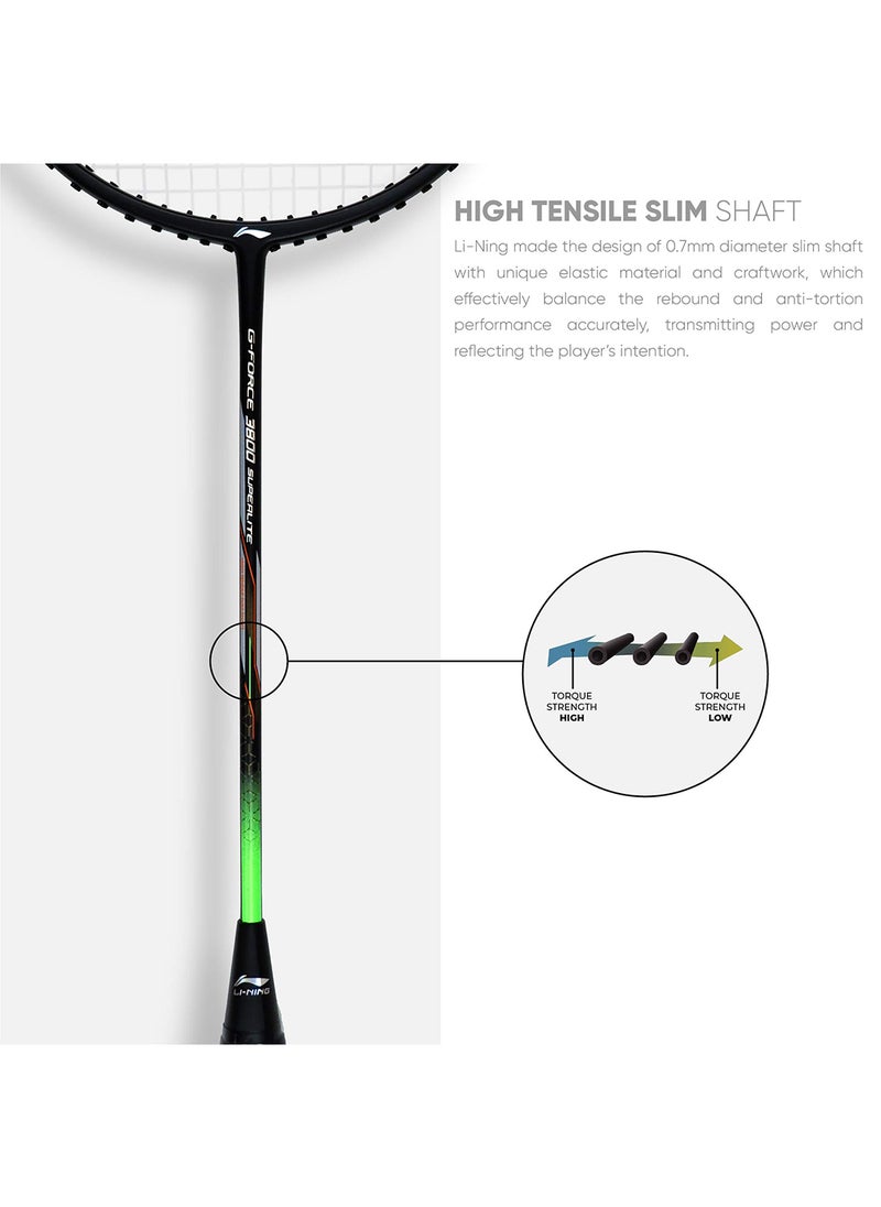 G - Force 3800 Superlite Carbon Fibre Strung Badminton Racket with Full Racket Cover | For Intermediate Players | 79 grams | Maximum String Tension - 32lbs