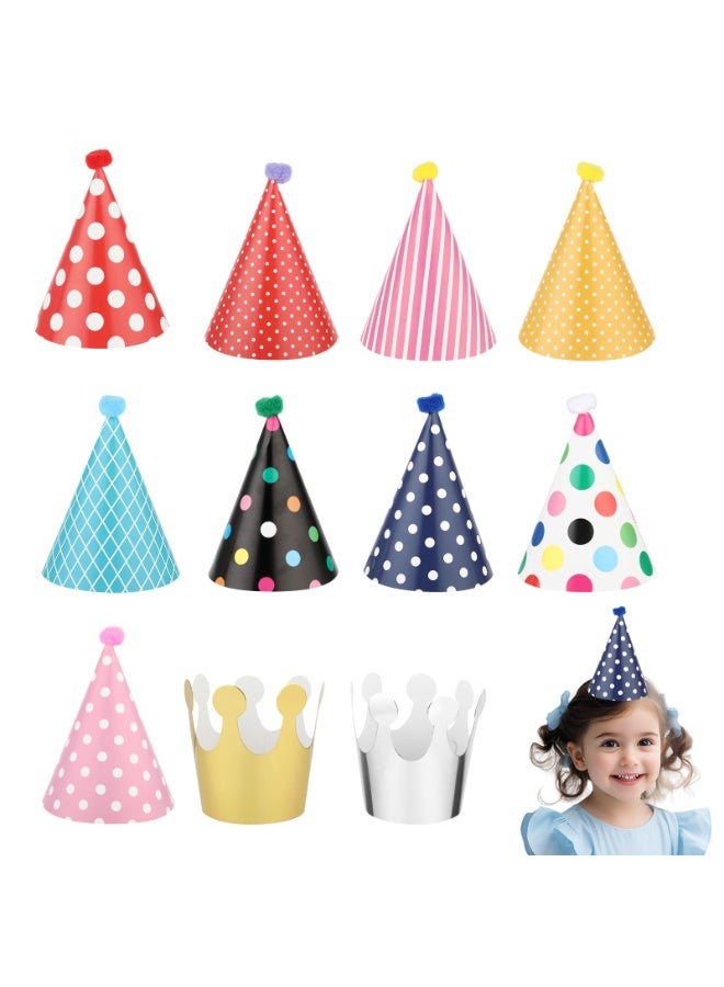Beauenty 11PCS Kids Birthday Party Cone Hats, Pom Poms, Lovely Cake Cone Birthday Paper Hats, Lovely Crown for Children (Multicolor) - Image 1