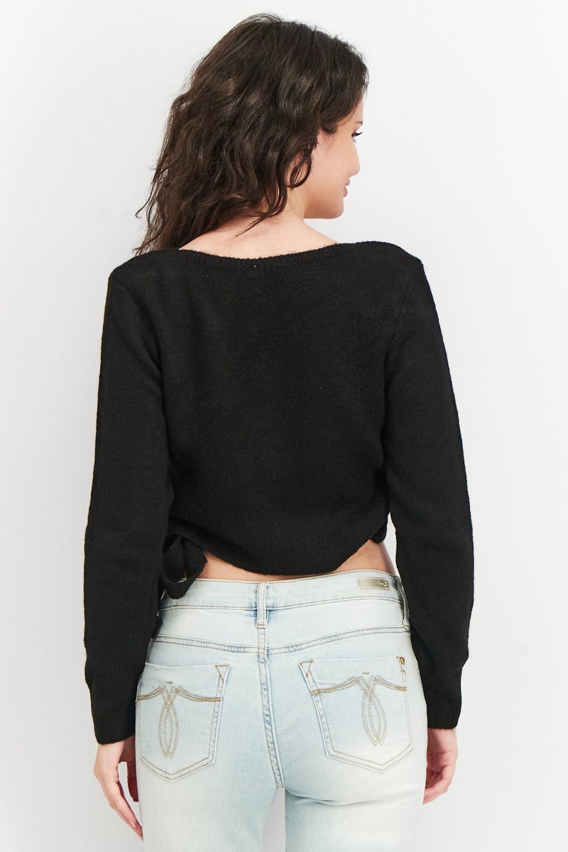 NA-KD بلوزة نسائية محبوكة بأكمام طويلة ذات نسيج، سوداء - Image 3