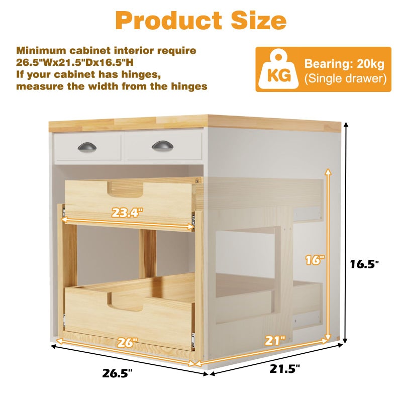 Gsskny Pull Out Cabinet Organizer, 26''WÃ—21''D Sliding Drawers for Cabinets, 2 Tier Soft Close Slide Out Wooden Pull out Drawers, Base Cabinet Organization for Kitchen, Pantry, Bathroom - Image 3