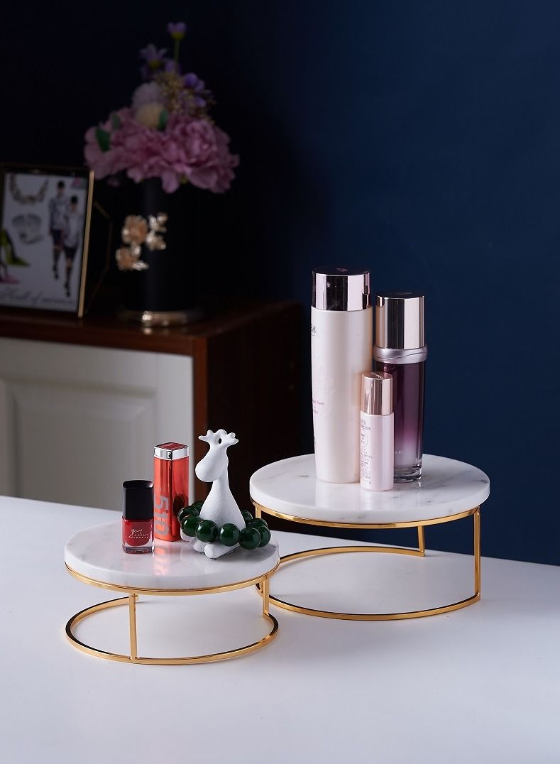 1Chase Round Marble Tray Stand Set Of 2 Pcs White - Image 2