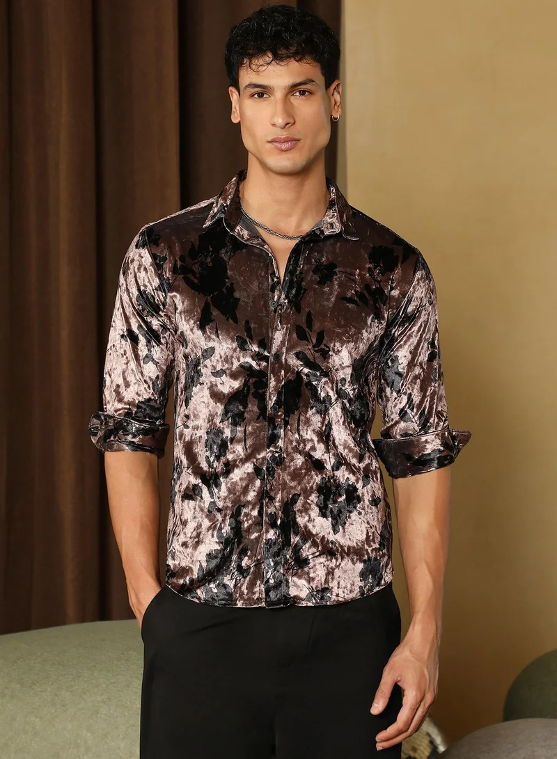 CAHOOT Men's Coffee Brown Contrast-Botanical Imprint Velvet Shirt
