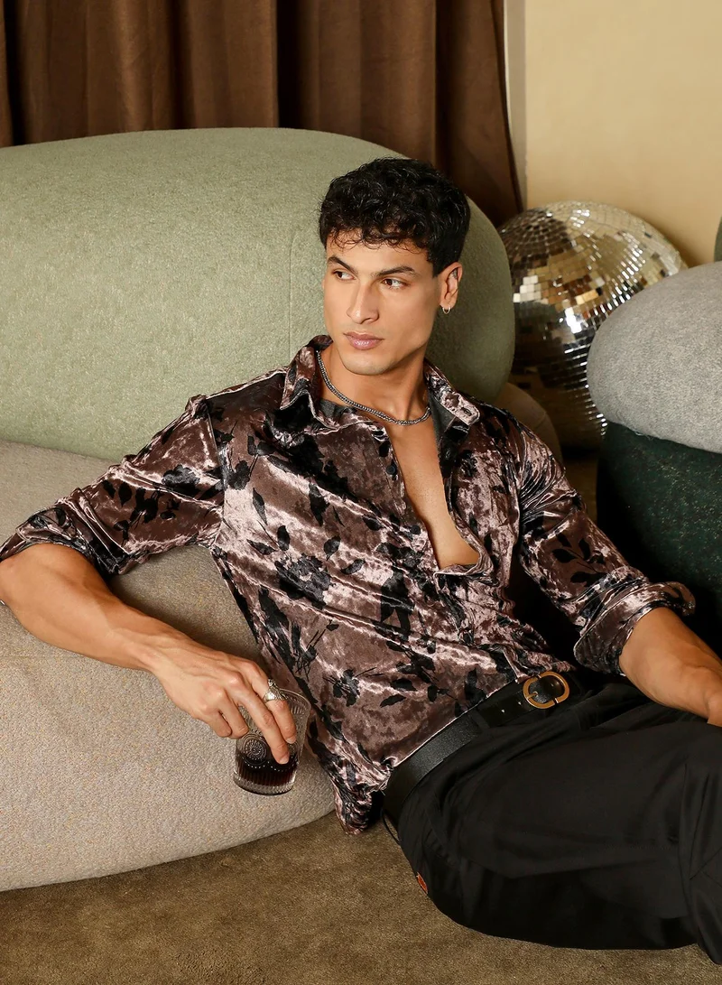 Men's Coffee Brown Contrast-Botanical Imprint Velvet Shirt