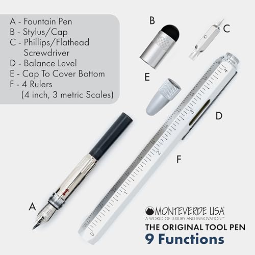 MONTEVERDE USA 9-in-1 Tool Fountain Pen in Silver – Medium Nib, Multifunctional Pen with Stylus, Screwdrivers, Level, and Ruler – Exclusive Collection, Ideal Gift for Professionals - Image 3