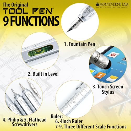 MONTEVERDE USA 9-in-1 Tool Fountain Pen in Silver – Medium Nib, Multifunctional Pen with Stylus, Screwdrivers, Level, and Ruler – Exclusive Collection, Ideal Gift for Professionals - Image 2