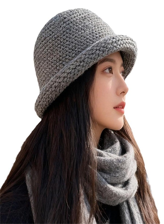 Pocadri Women Men Vintage Knitted Bowler Bucket Hats Soft Round Brim Cloche Hat Winter Warm Crochet Cap, Grey, One size - Image 1