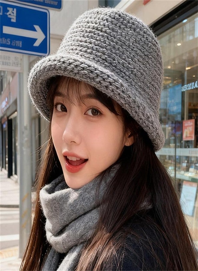 Pocadri Women Men Vintage Knitted Bowler Bucket Hats Soft Round Brim Cloche Hat Winter Warm Crochet Cap, Grey, One size - Image 2
