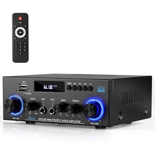 Romicta AK50 Stereo Audio Amplifier, 400W Home 2 Channel Bluetooth 5.0 Power Amplifier System, Home Amplifiers FM Radio, USB, Echo, Mic, SD Card, with Remote Control Home Theater Audio Stereo System - Image 1
