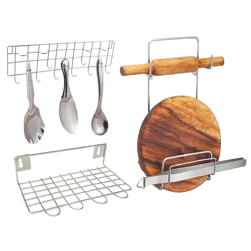 JISUN Stainless Steel Wall Mounted Chakla Belan Stand Wall Mounted Ladle Stand Wall Mounted Ladle Hook Rail for Kitchen Silver Pack of 3  - Image 1