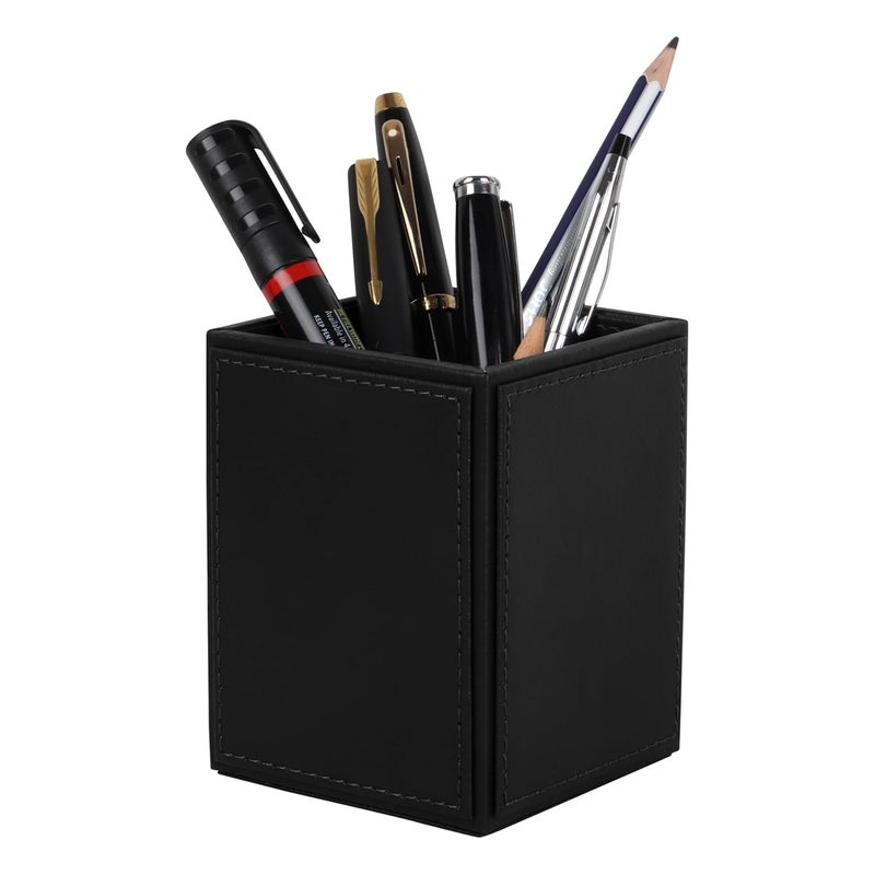 V-CUBE DESIGNS Premium Vegan Leather Pen Holder for Desk & Study Table Accessory | Marker/Pencil Stand for Student | Stationery Organizer for Office Table & Home | 6mm Thickness with MDF Core |Black - Image 1