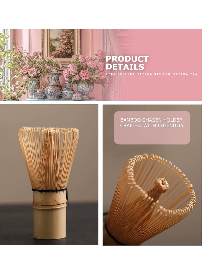 4 Piece Matcha Set, Traditional Handmade Tea Tool with Ceramic Bowl, Scoop, Prong Bamboo Matcha Whisk and Holder - Image 3