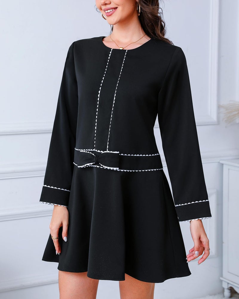 Kedera Women's Bow Mini Dress Long Sleeve Ruffled Dress Crew Neck Lace Dress Elegant Cocktail Party Dress Black - Image 3