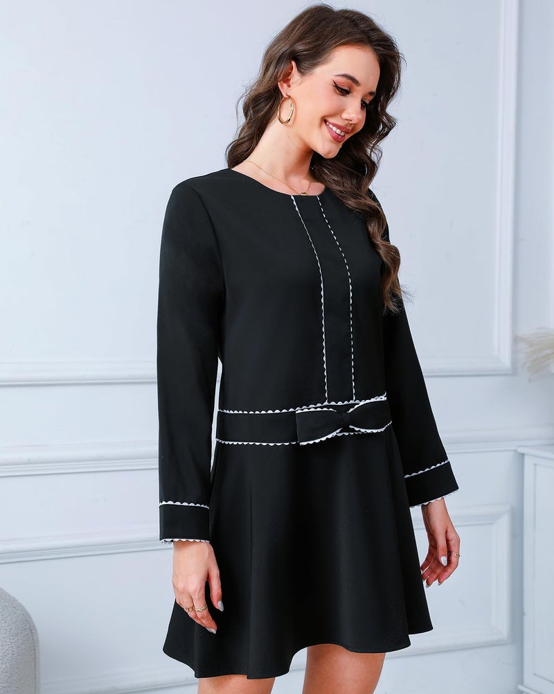 Kedera Women's Bow Mini Dress Long Sleeve Ruffled Dress Crew Neck Lace Dress Elegant Cocktail Party Dress Black - Image 5