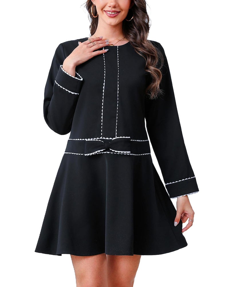 Kedera Women's Bow Mini Dress Long Sleeve Ruffled Dress Crew Neck Lace Dress Elegant Cocktail Party Dress Black - Image 1