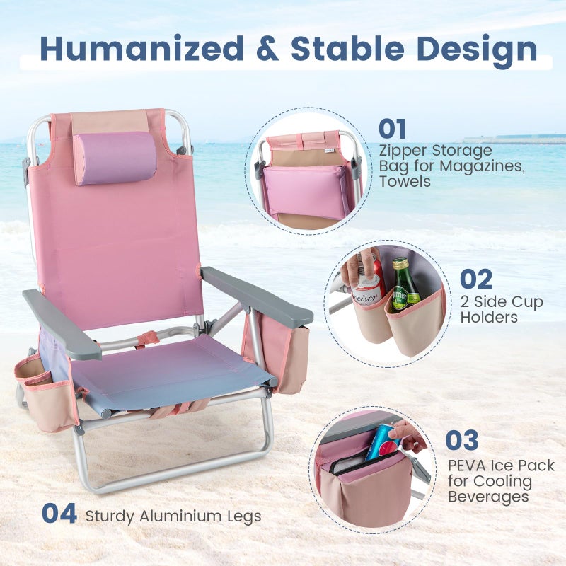 Tangkula Set of 2 Backpack Beach Chair, 5-Position Lay Flat Beach Chairs with Cooler Bag, 2 Cup Holders, Towel Bar, Lightweight Folding Beach Chair with Backpack Straps - Image 4