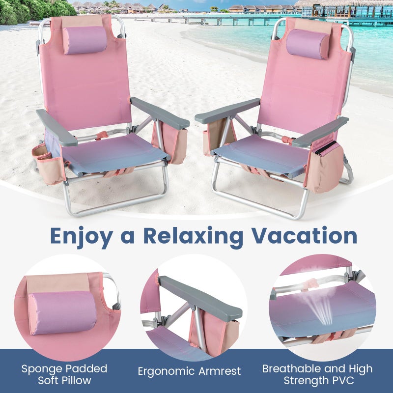 Tangkula Set of 2 Backpack Beach Chair, 5-Position Lay Flat Beach Chairs with Cooler Bag, 2 Cup Holders, Towel Bar, Lightweight Folding Beach Chair with Backpack Straps - Image 5