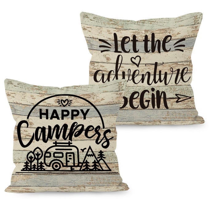 CAMPINGTHEMED DECORATIVE THROW PILLOW COVERS 2 X 18 X 18 BEIGE COTTON LINEN BLEND RUSTIC LETTER PRINT PERFECT FOR HOME DECOR CAMPING CAMPER GIFTS