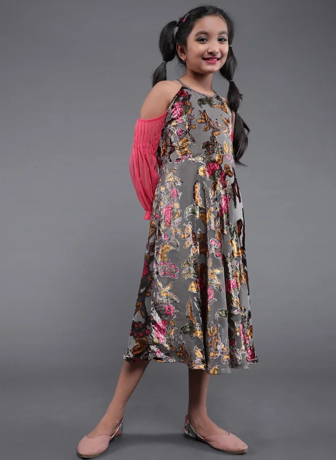 AKS Grey Floral Printed Cold-Shoulder A-Line Midi Dress for Girls