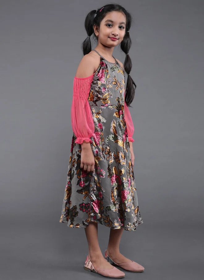 أيه كيه إس Grey Floral Printed Cold-Shoulder A-Line Midi Dress for Girls