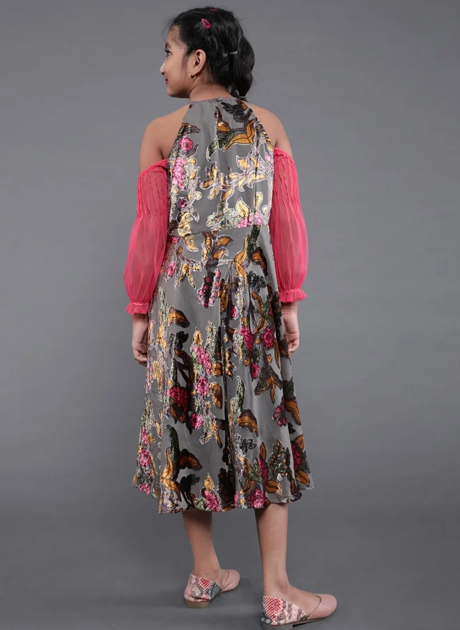 أيه كيه إس Grey Floral Printed Cold-Shoulder A-Line Midi Dress for Girls
