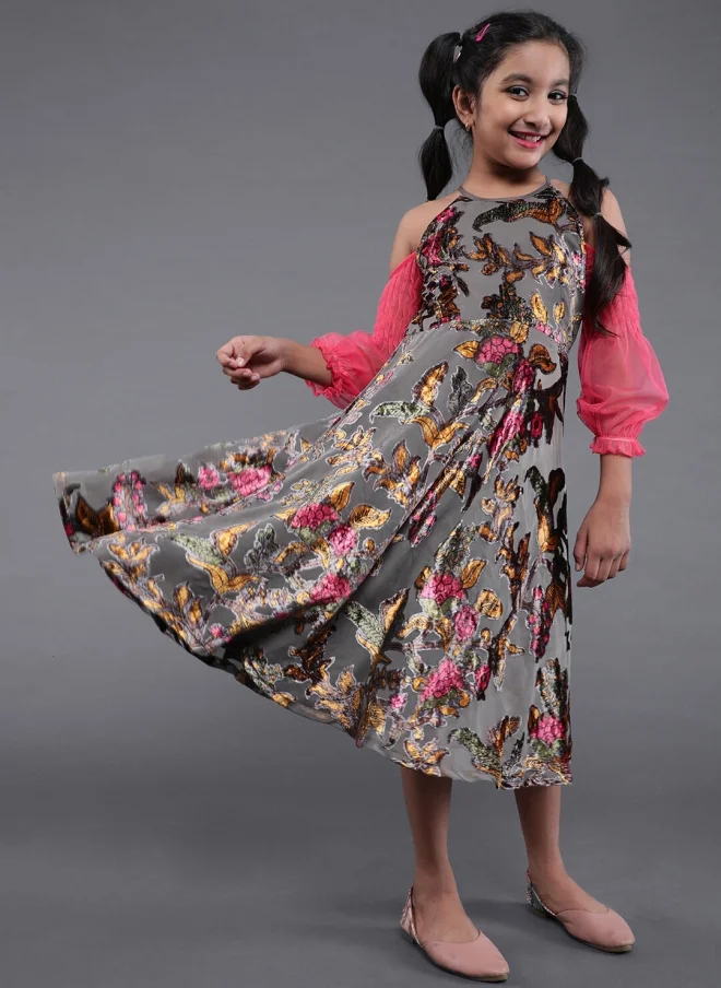 أيه كيه إس Grey Floral Printed Cold-Shoulder A-Line Midi Dress for Girls